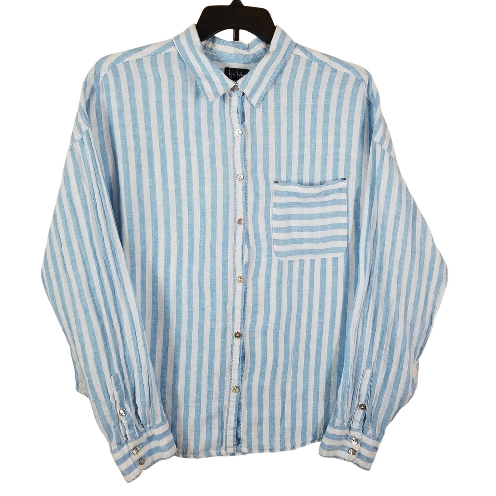 Nicole Miller New York 100% Linen Striped Button Down Shirt Blue White XL